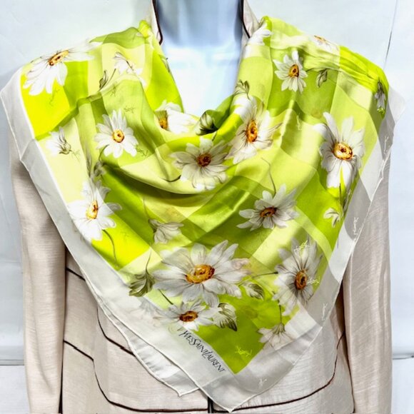 Like New -Yves Saint Laurent Large Scarf, 100% Silk Green White Floral  34x34(4) - Picture 1 of 9